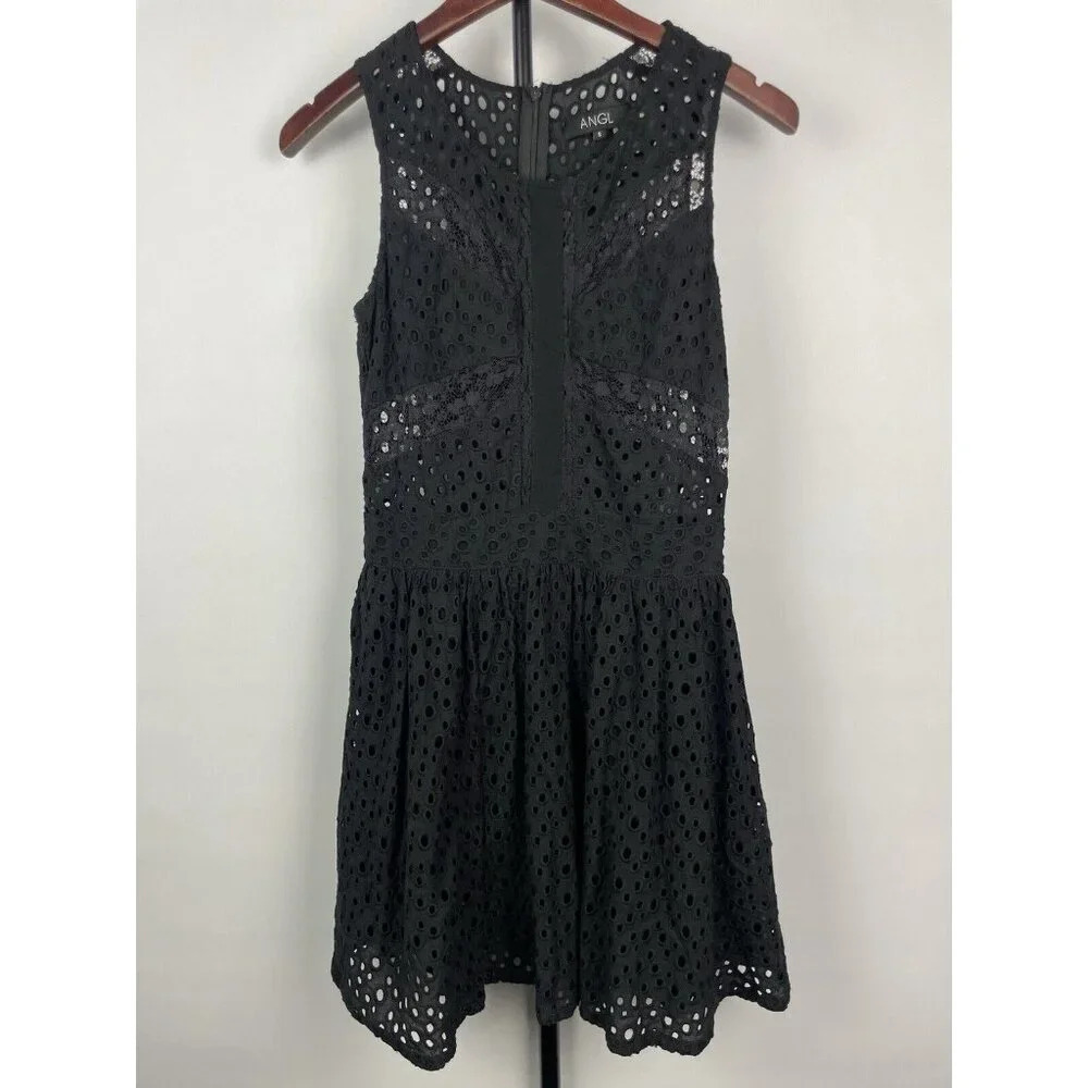 Angl Black Lace Peekaboo Eyelet‎ Sleeveless A-Line Mini Club Party Dress Size S